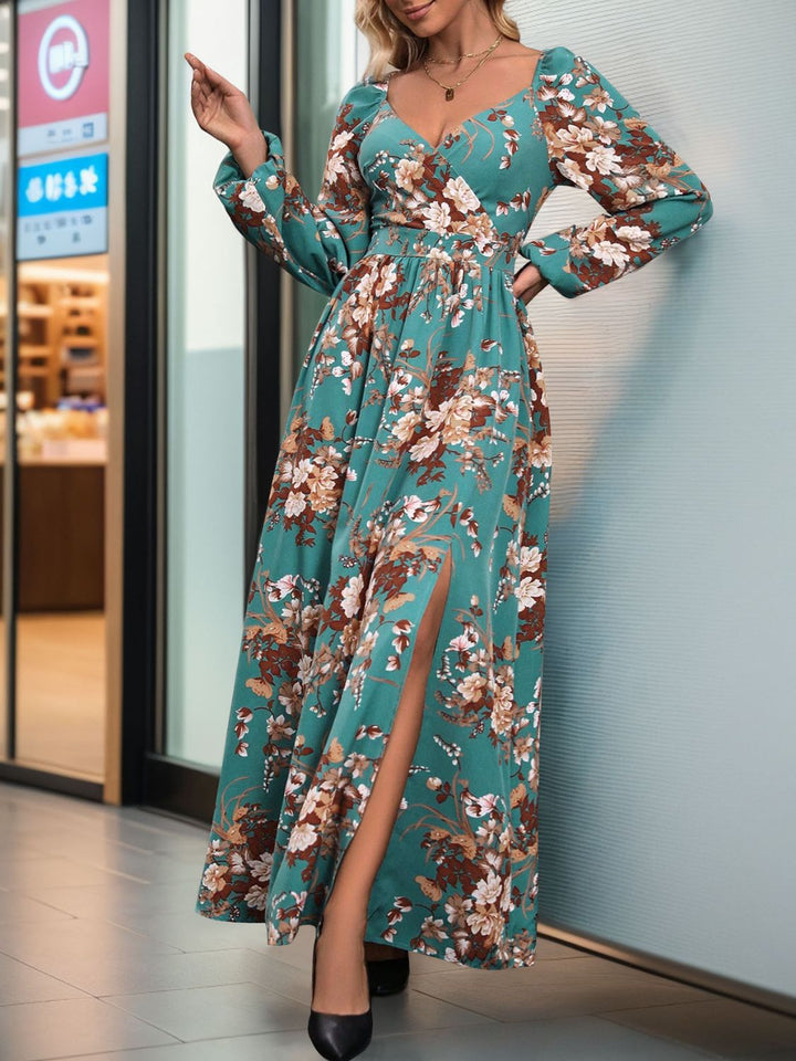 Slit Printed Surplice Long Sleeve Maxi Dress | Trendsi