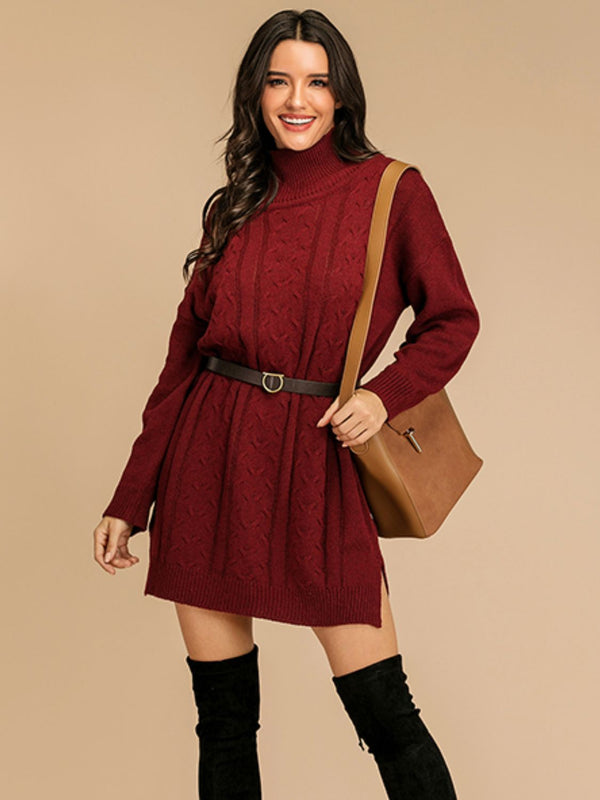 Perfee Slit Turtleneck Long Sleeve Mini Sweater Dress | Trendsi