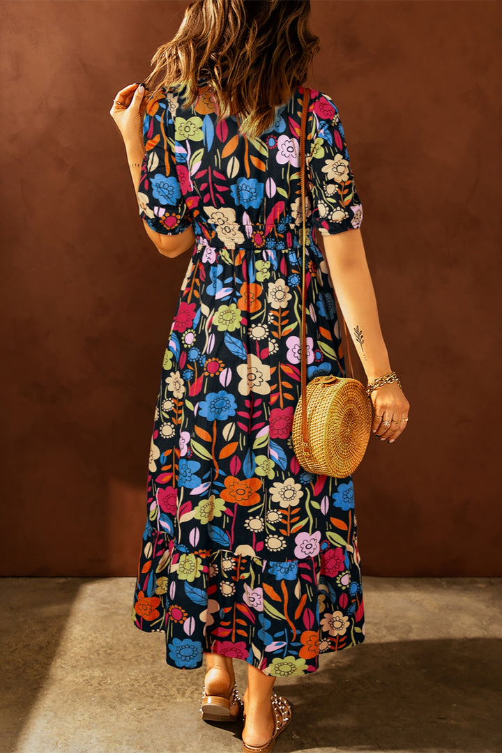 Printed V-Neck Half Sleeve Midi Dress | Trendsi