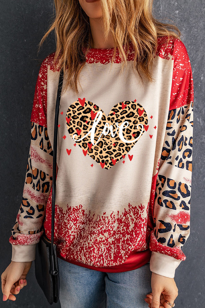 LOVE Heart Leopard Round Neck Sweatshirt | Trendsi