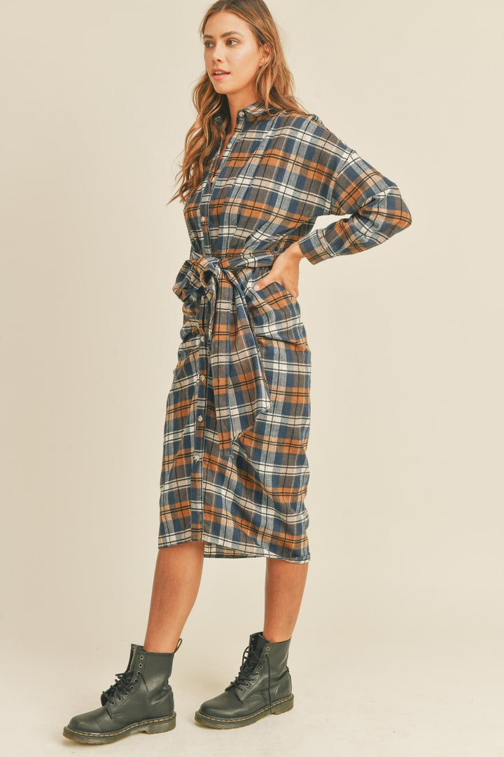 Mable Plaid Flannel Front Tie Button Down Shirt Dress | Trendsi