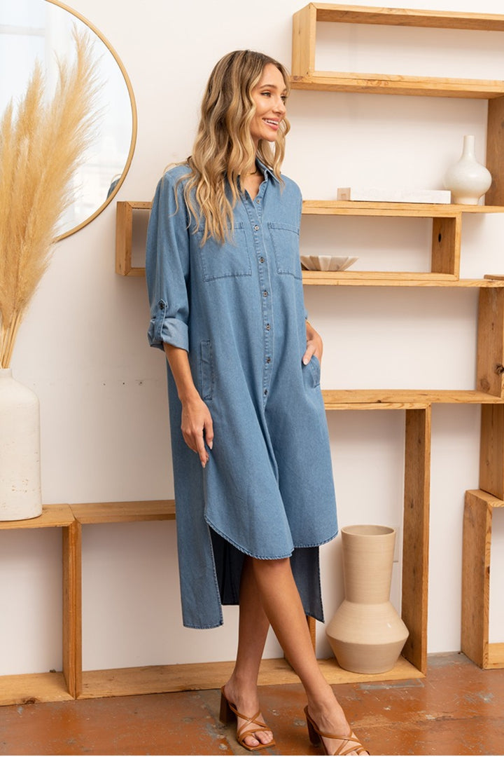 Sew In Love High-Low Button Up Roll-Tab Sleeve Denim Dress | Trendsi