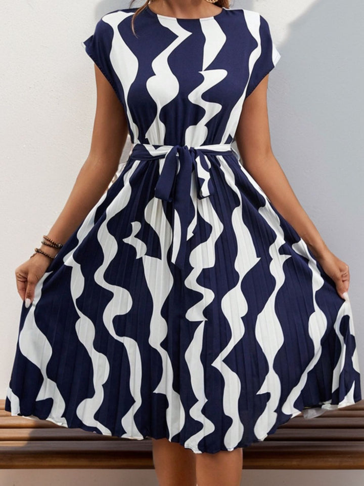 Tied Pleated Printed Cap Sleeve Dress | Trendsi