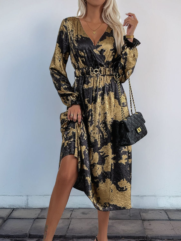 Perfee Printed Surplice Long Sleeve Midi Dress | Trendsi