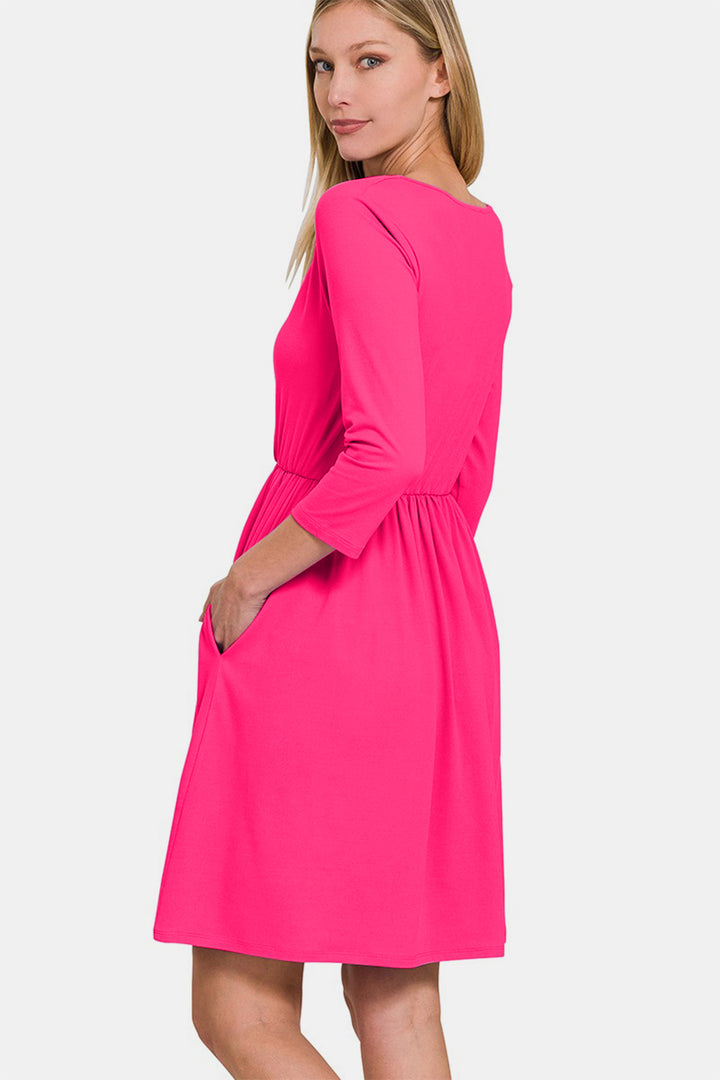 Zenana Three-Quarter Sleeve Surplice Dress with Pockets | Trendsi
