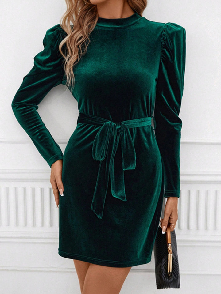 Mock Neck Tie Waist Puff Sleeve Mini Dress | Trendsi