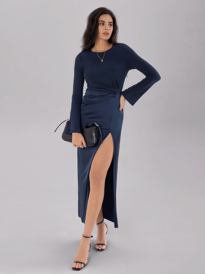 Split Round Neck Long Sleeve Midi Dress | Trendsi