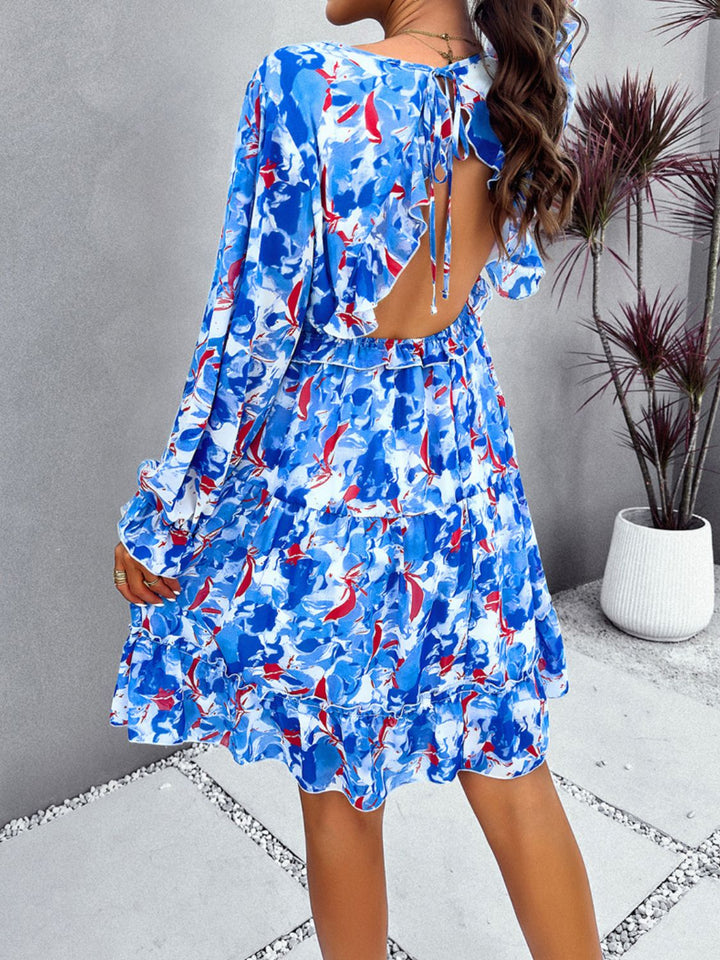 Backless Printed V-Neck Flounce Sleeve Dress | Trendsi