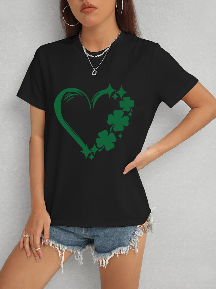 Heart Lucky Clover Round Neck Short Sleeve T-Shirt | Trendsi