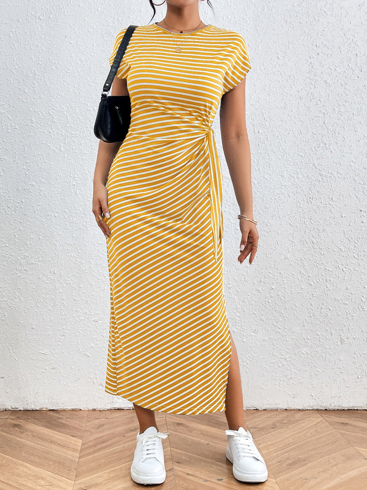 Tied Striped Round Neck Short Sleeve Tee Dress | Trendsi