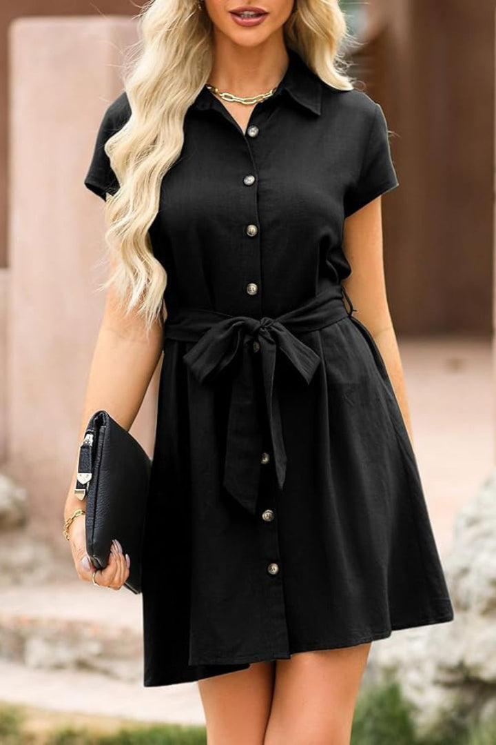 Tied Button Up Short Sleeve Dress | Trendsi