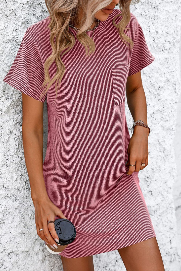 Ribbed Striped Short Sleeve Mini Tee Dress | Trendsi