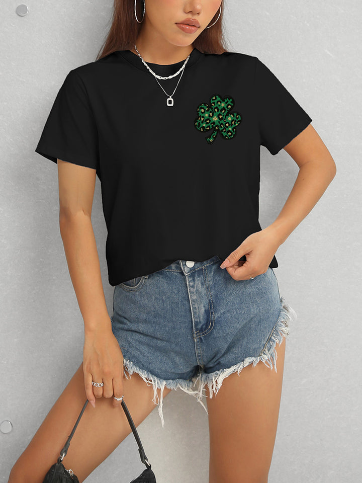 Lucky Clover Round Neck Short Sleeve T-Shirt | Trendsi