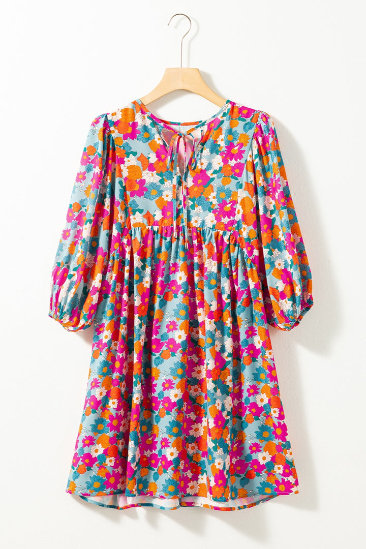 Floral Tie Neck Puff Sleeve Mini Dress | Trendsi