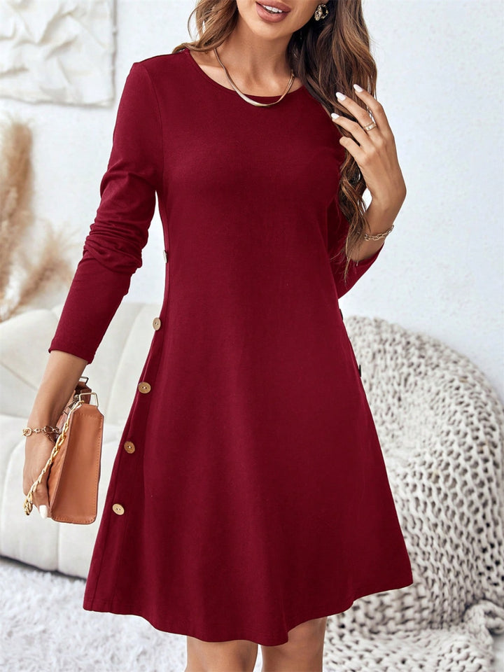 Round Neck Long Sleeve Mini Dress with Pockets | Trendsi