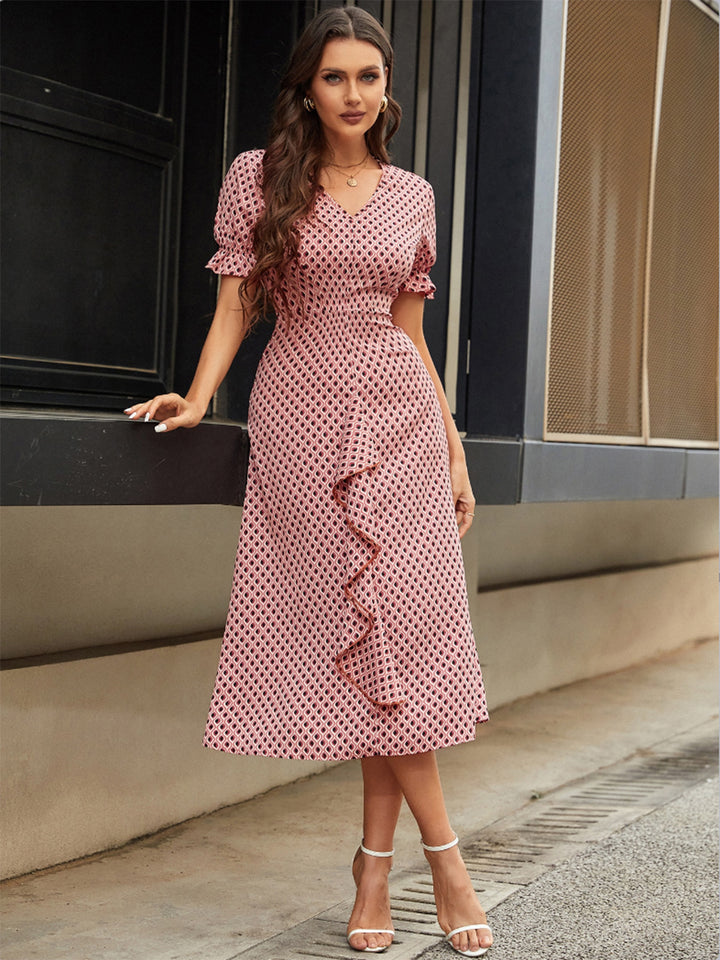 Printed V-Neck Flounce Sleeve Midi Dress | Trendsi