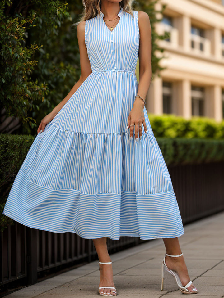 Striped Notched Sleeveless Midi Dress | Trendsi