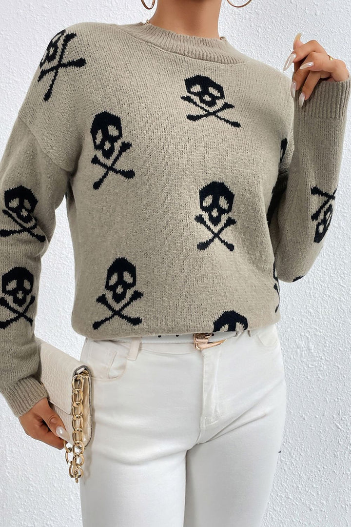 Graphic Mock Neck Dropped Shoulder Sweater | Trendsi