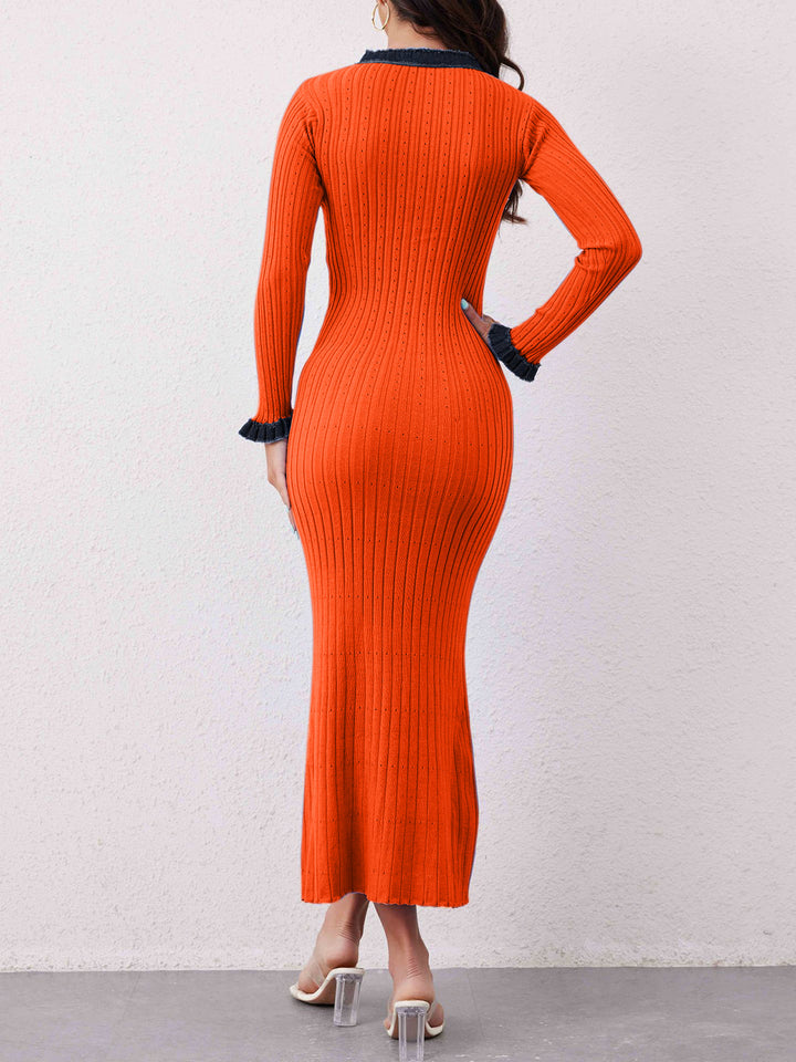 Contrast Trim Round Neck Long Sleeve Sweater Dress | Trendsi