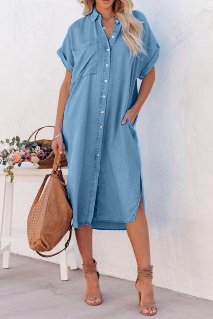 Slit Button Up Short Sleeve Imitation Denim Dress | Trendsi