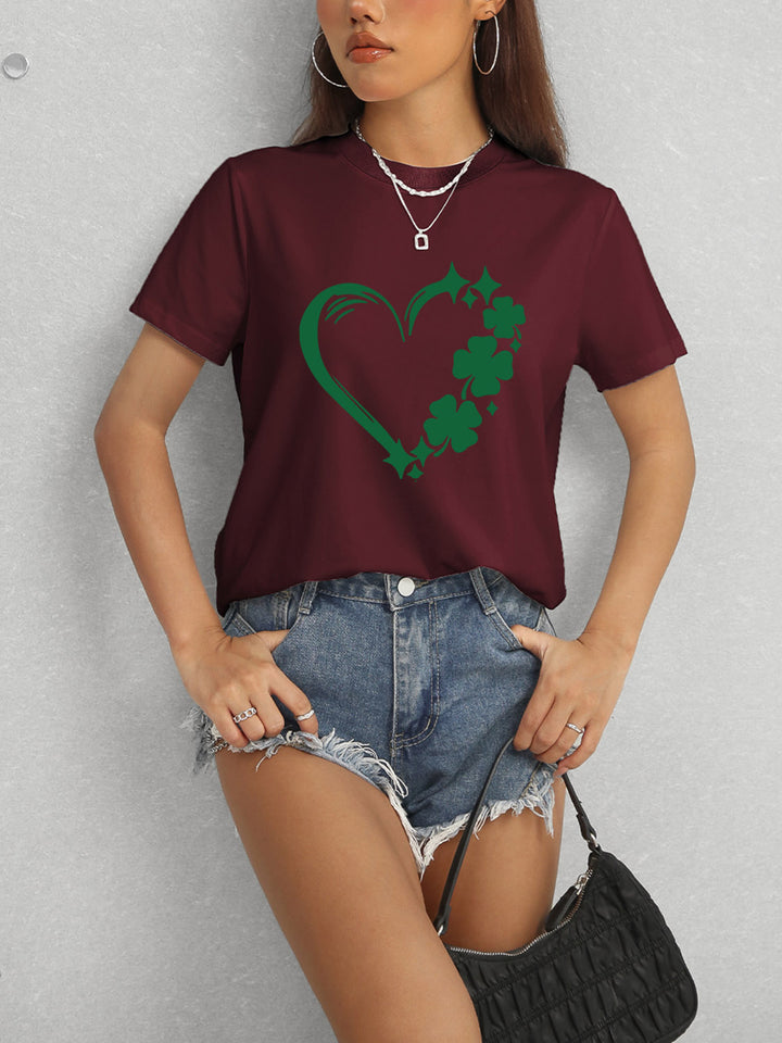 Heart Lucky Clover Round Neck Short Sleeve T-Shirt | Trendsi