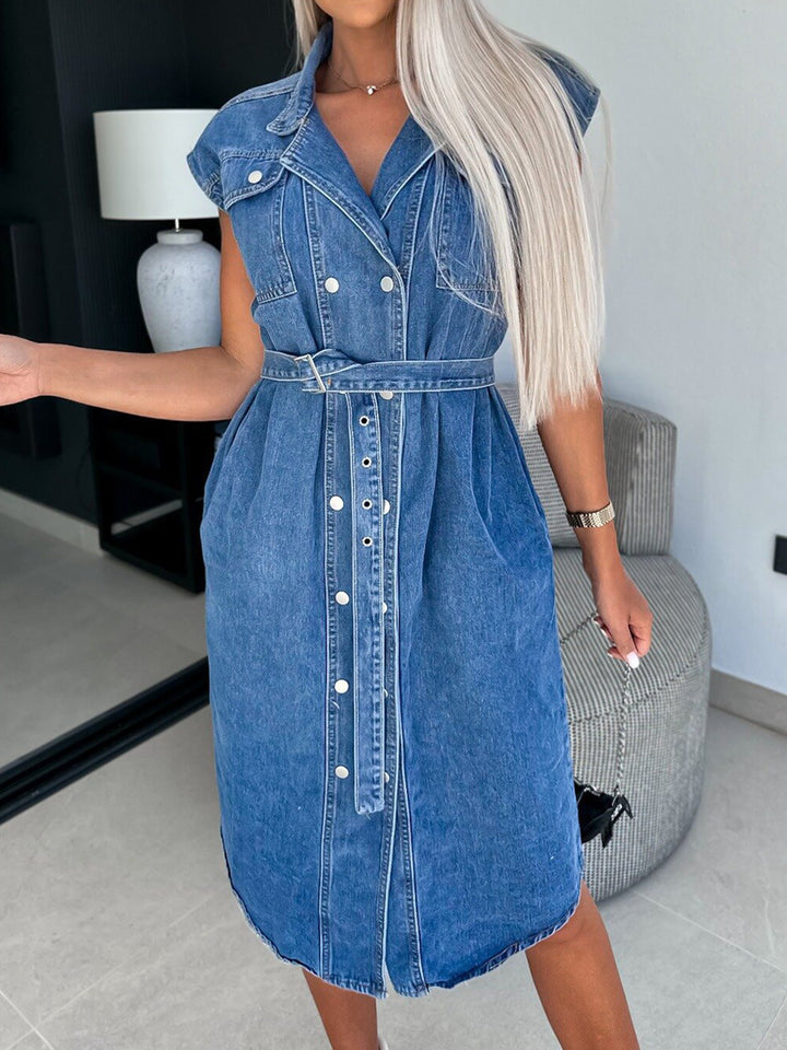 Collared Neck Cap Sleeve Denim Dress | Trendsi