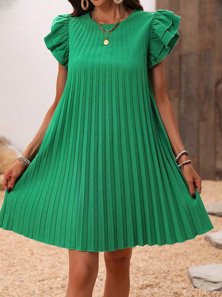 Pleated Round Neck Cap Sleeve Mini Dress | Trendsi