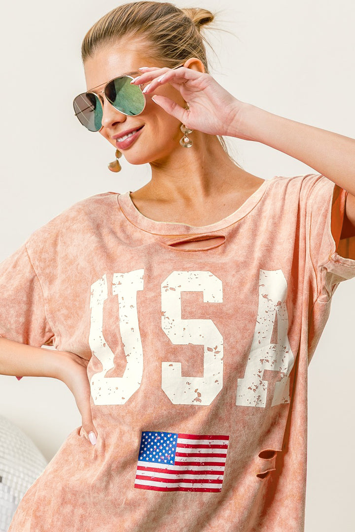 BiBi Washed American Flag Graphic Distressed T-Shirt | Trendsi