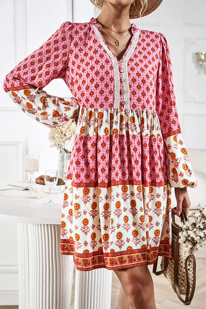 Printed V-Neck Long Sleeve Dress | Trendsi