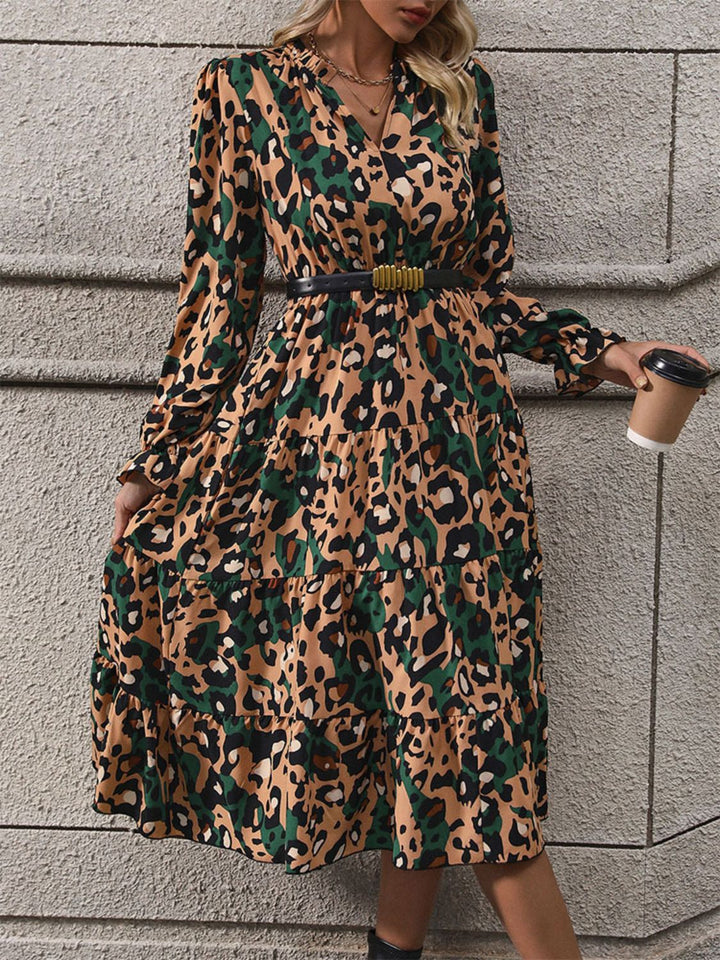 Leopard Notched Flounce Sleeve Midi Dress | Trendsi