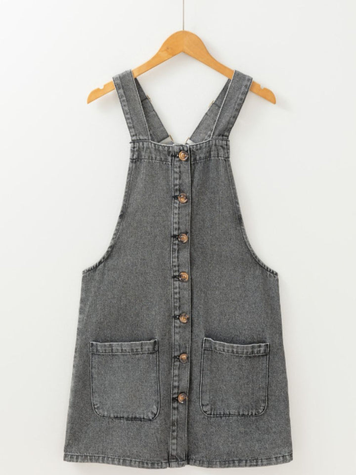 Wide Strap Button Down Denim Overall Dress | Trendsi