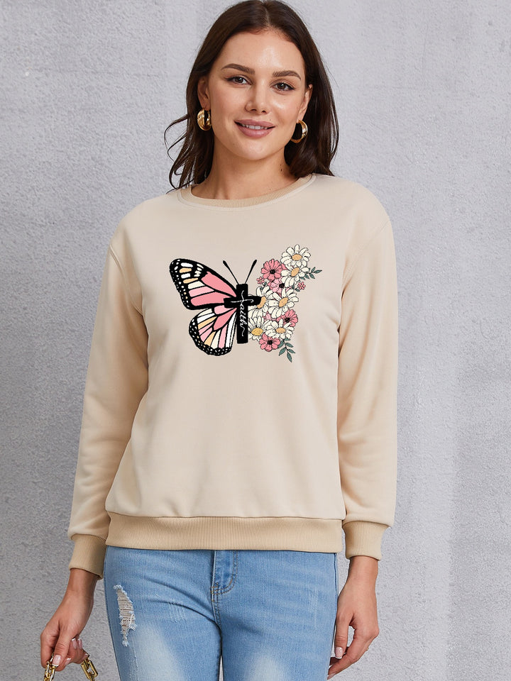 Butterfly Round Neck Dropped Shoulder Sweatshirt | Trendsi