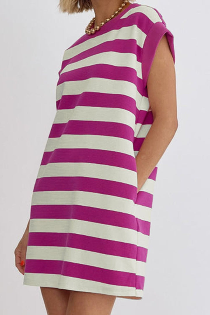 Striped Round Neck Cap Sleeve Dress | Trendsi