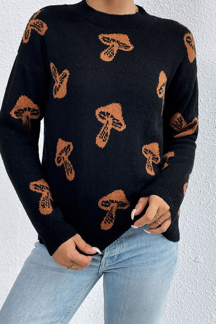 Graphic Mock Neck Dropped Shoulder Sweater | Trendsi