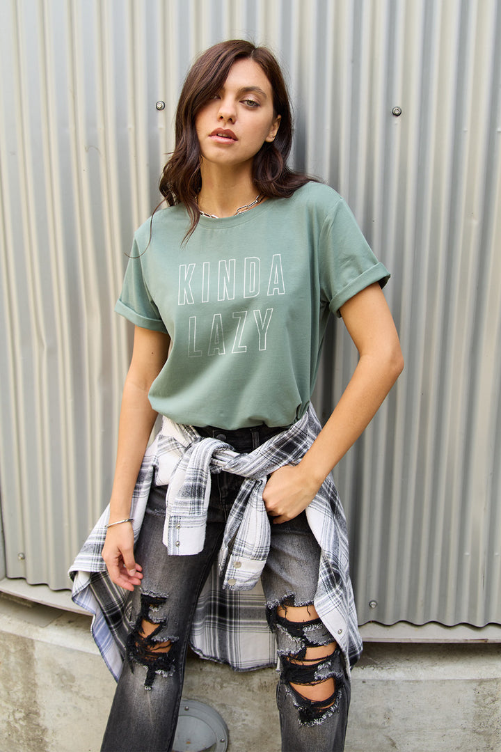 Simply Love Full Size KINDA LAZY Round Neck T-Shirt | Trendsi