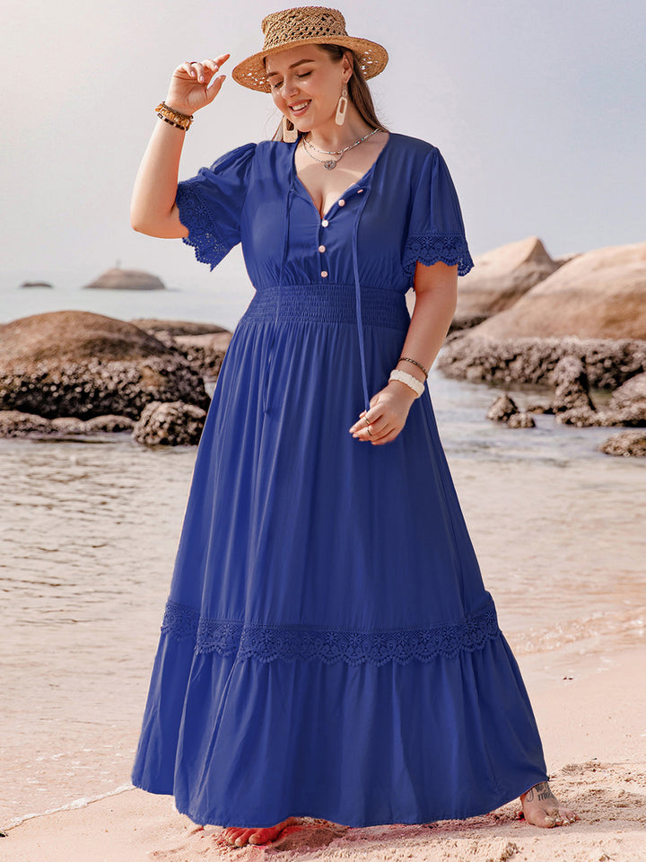 Plus Size Lace Detail Tie Neck Short Sleeve Maxi Dress | Trendsi