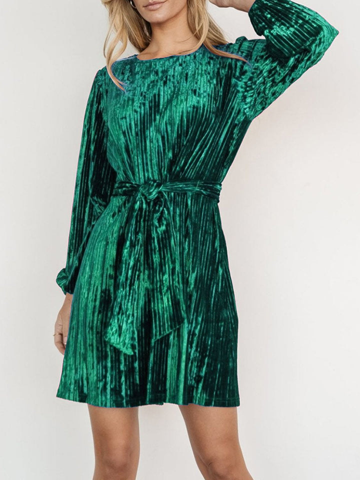 Velvet Round Neck Tie Waist Long Sleeve Mini Dress | Trendsi