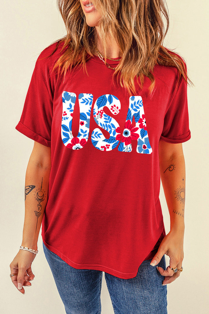 USA Round Neck Short Sleeve T-Shirt | Trendsi