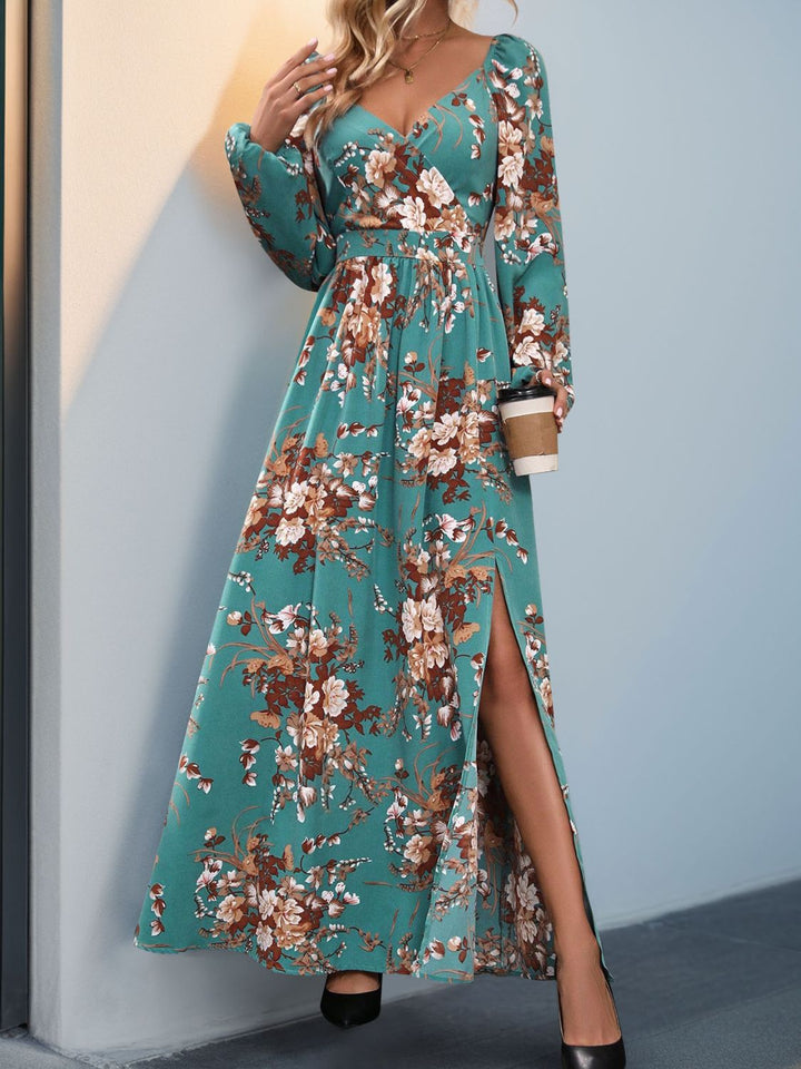 Slit Printed Surplice Long Sleeve Maxi Dress | Trendsi