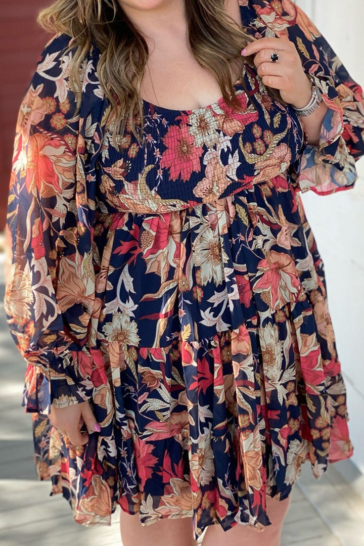 Plus Size Smocked Printed Long Sleeve Dress | Trendsi