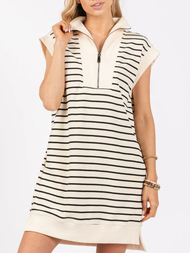 Full Size Pocketed Striped Quarter Zip Cap Sleeve Dress | Trendsi