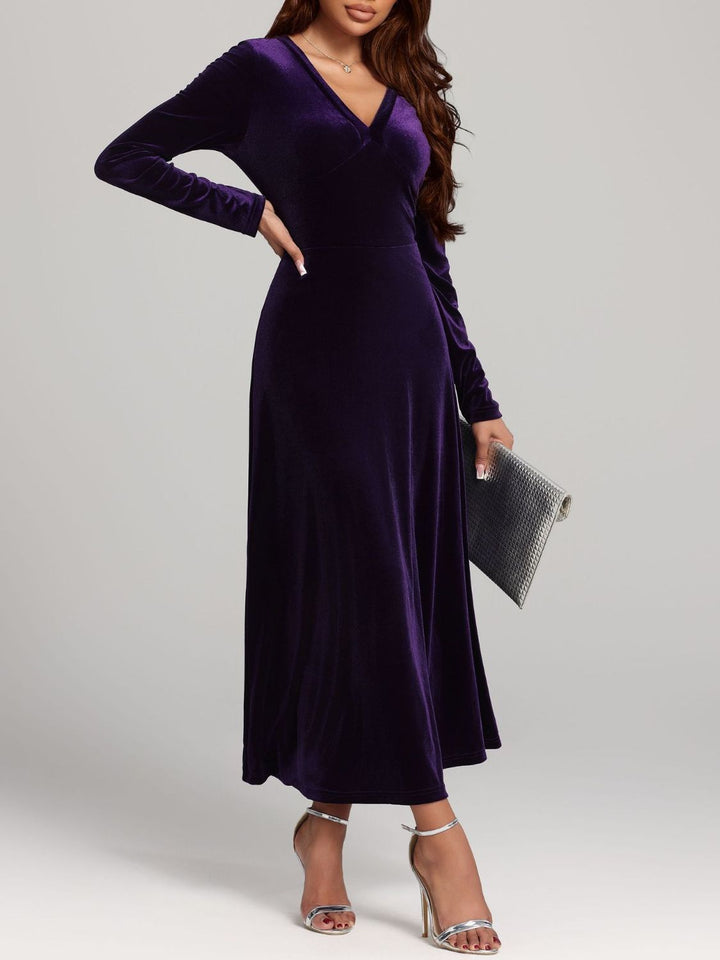 V-Neck Long Sleeve Velvet Dress | Trendsi