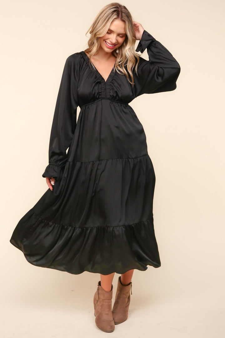 Haptics Flounce Sleeve Tiered Midi Dress with Pockets | Trendsi