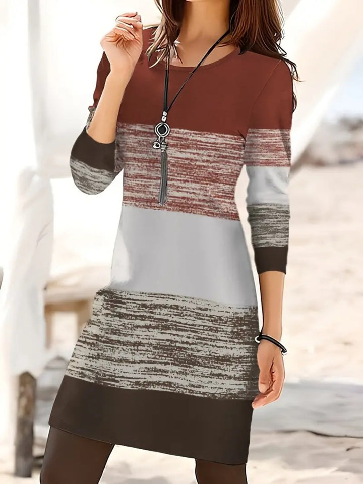 Color Block Round Neck Long Sleeve Dress | Trendsi