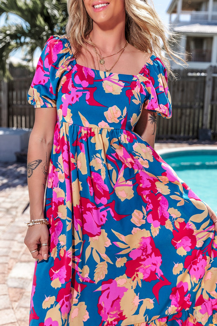 Printed Square Neck Short Sleeve Midi Dress | Trendsi