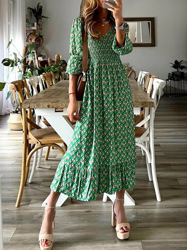 Smocked Printed V-Neck Midi Dress | Trendsi