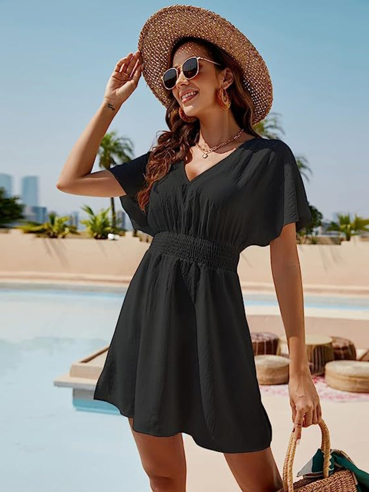 Smocked V-Neck Short Sleeve Dress | Trendsi