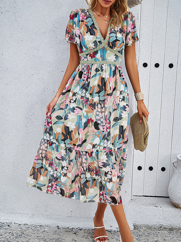 Printed V-Neck Flutter Sleeve Midi Dress | Trendsi