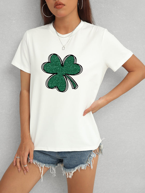 Lucky Clover Round Neck T-Shirt | Trendsi