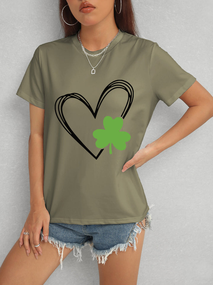 Heart Lucky Clover Short Sleeve T-Shirt | Trendsi